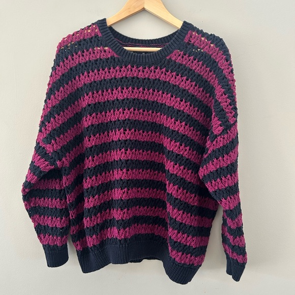 Sweaters - Women’s Cotton Navy & Pink Open Stitch Crochet Crewneck Chunky Striped Sweater